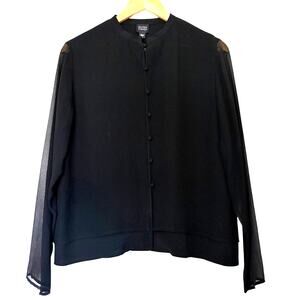 Eileen Fisher Silk Mandarin Collar Shirt Black Size M Sheer Sleeves